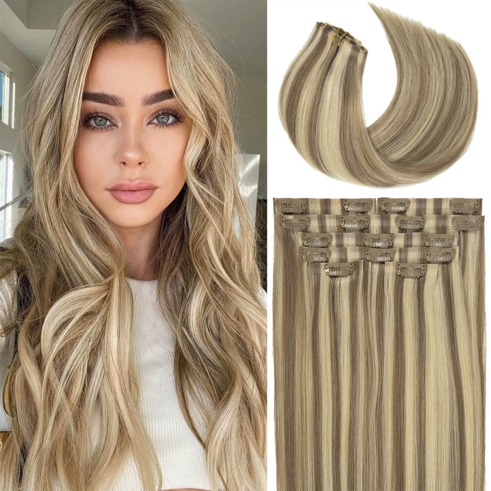 Snï¿½L Lacer Hair 7 Pcs Seamless Clip In Hair Extensions Human Hair Ombre Color Light Brown Highlighted Platinum Blonde 110G Thick Ends Remy Hair Extensions