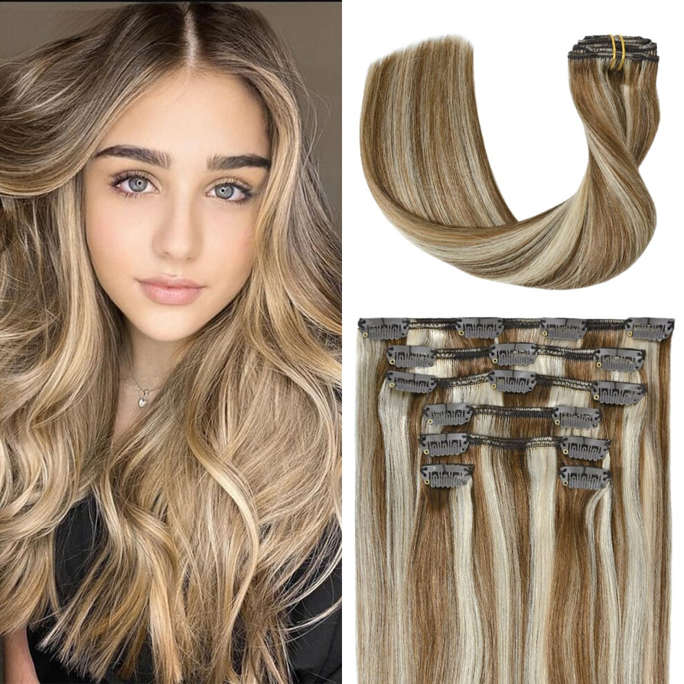 Ugotrays Unisex Brown Clip In Extensions Real Human Hair Balayage Light To Bleach Blonde Highlights Remy Human Hair Extensions 15 Inch 70G Double Weft 7Pcs #
