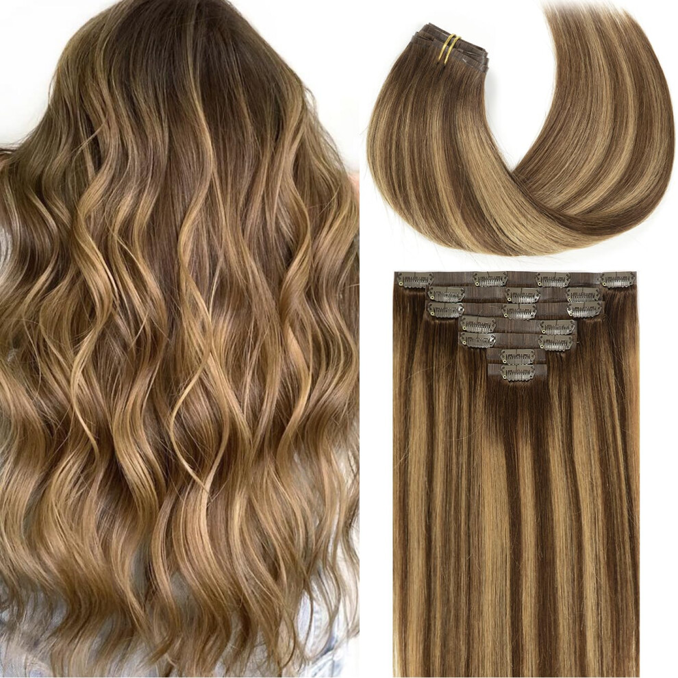 Loxxy Unisex Brown Seamless Clip In Remy Hair Extensions Human Hair Invisible Pu Skin Weft Ombre Chocolate To Caramel Blonde With Roots Clip In Hair Extensio
