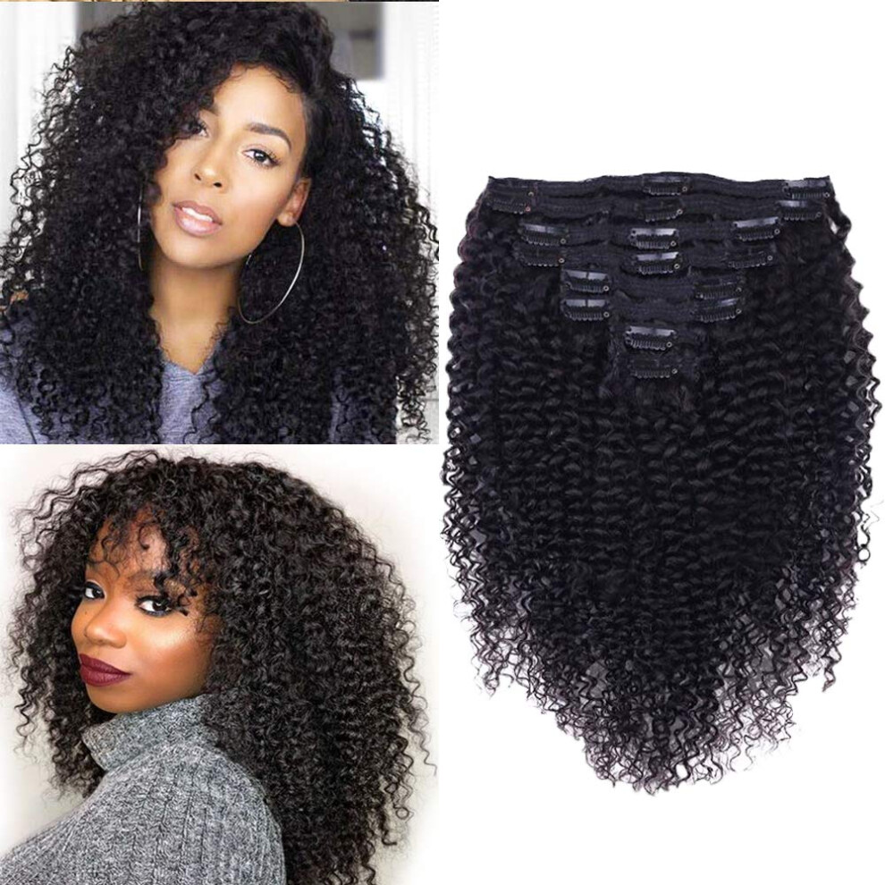 Liwihas Unisex Black Curly Clip In Extension Human Hair 3C 4A Kinky Curly Clip Ins Full Head For Women Brazilian Remy Human Hair Natural Color 8Pcs With18clips 120G
