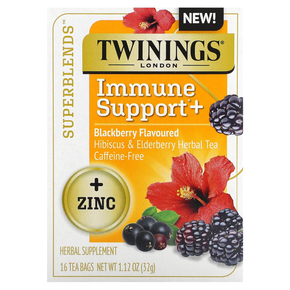 Twinings , Superblends, Immune Support+, Hibiscus & Elderberry Herbal Tea, Blackberry, Caffeine-Free, 16 Tea Bags, 1.12 Oz (32 G)