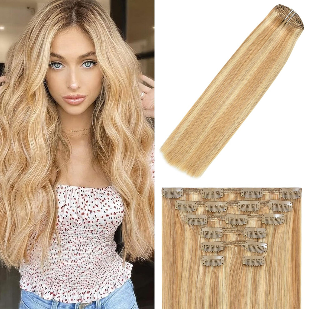 Vindtusch Unisex Windtouch Clip In Hair Extensions Mixed Bleach Blonde Human Remy Hair Extensions Full Head Thinckend (#27P613 120G 18Inch 7Pcs) No Tangling No Sheddin