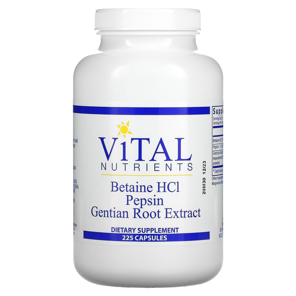 Vital Nutrients , Betaine Hcl, Pepsin, Gentian Root Extract, 225 Capsules