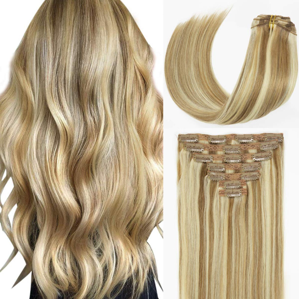 Caliee Unisex Brown 120G Clip In Hair Extensions Human Hair For Women Double Weft Lace Clip In Golden #10 Mixed Bleach Blonde #613 Color Real Hair Clip In Ha
