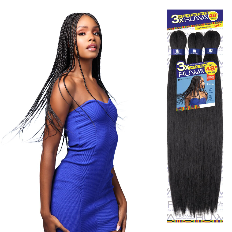 Sensationell Sensationnel Ruwa Prestretched Braiding Hair - 3X Ruwa 48 Inch 24 Folded Water Repellent Kanekalon Fast Dry Sports Braid - 3X Ruwa 24 Inch (3 Pack, Sm