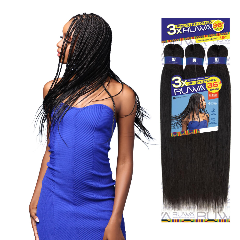 Sensationell Sensationnel Ruwa Prestretched Braiding Hair - 3X Ruwa 18Inch Water Repellent Kanekalon Fast Dry Synthetic Braid - 3X Ruwa 18 Inch (5 Pack, Sm1b/30)