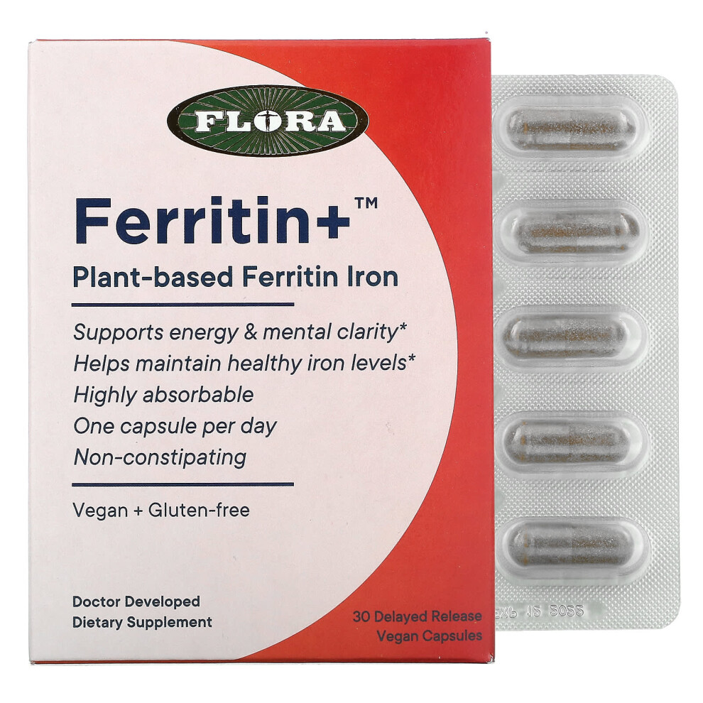 Flora , Ferritin+, Plant-Based Ferritin Iron, 30 Delayed Release Vegan Capsules