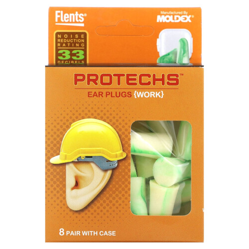 Flents, Protechs, Bouchons d'Oreille Travail, 8 Paires avec Étui