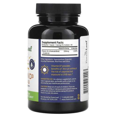 Forest Leaf, Vitamin D3, 250 mcg (10,000 IU), 180 Vegetable  Capsules 2
