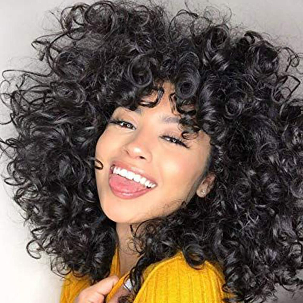 Andromeda Unisex Black Short Curly Wigs For Women Soft Curly Wig With Bangs Fluffy Curls Synthetic Hair Wigs Natural Loose Curly African American Costu