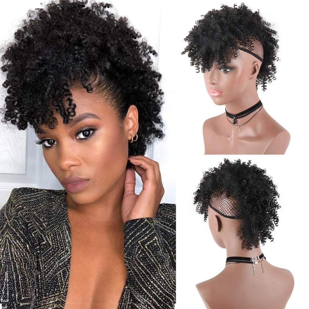 Aisaide Unisex High Puff Afro Ponytail With Bangs Drawstring Short Kinky Curly Drawstring Ponytail Extension Synthetic Clip In Mohawk Ponytail Bun With Bangs
