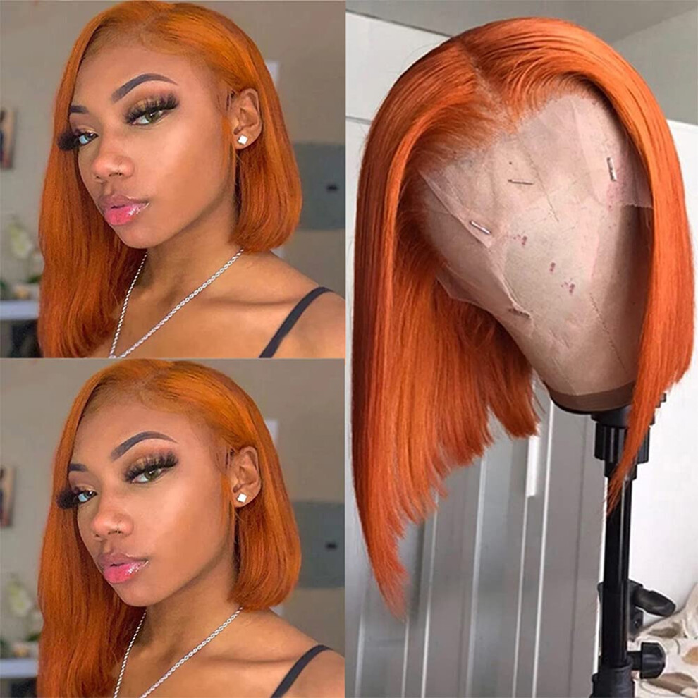 Smartinnov Ginger Bob Wig Glueless Human Hair 13X4 Hd Lace Front Orange Bob Wig 8Inch Straight Pre Plucked Short Cut Peruvian Virgin Hair Tranparent Lace Wig 180