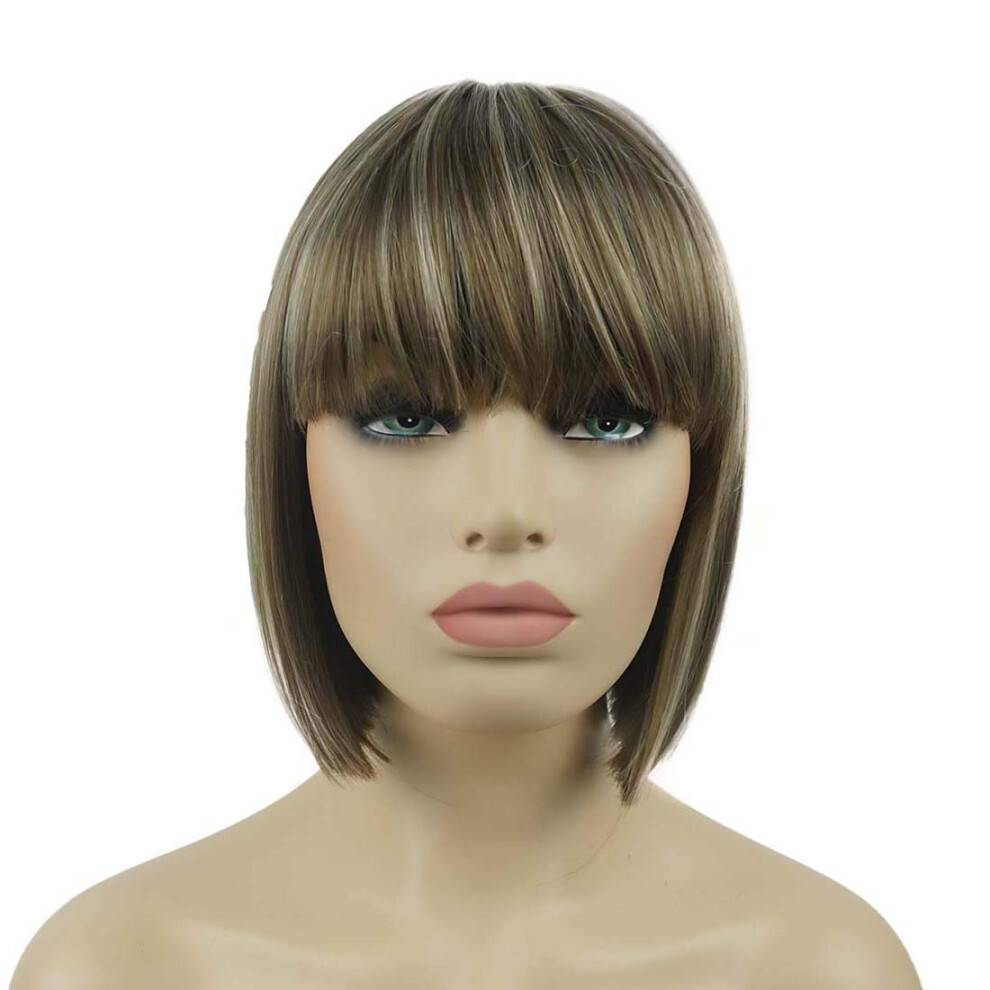 Lydell Unisex Brown 8"""" Straight Short Bob Hair Flat Bangs Cute Central Dot Skin Top Heat Resistant Synthetic Wigs (18-22 Light Ash )