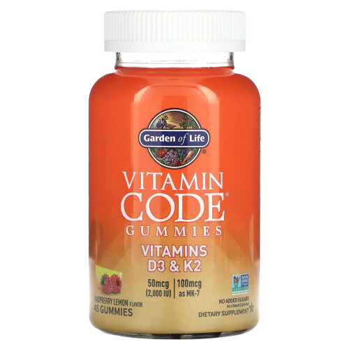 Garden of Life, Vitamin Code Gummies, Vitamins D3 & K2, Raspberry Lemon, 45 Gummies
