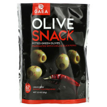 Gaea, Oliven-Snack, Entsteinte grüne Oliven, mariniert mit Chili & schwarzem Pfeffer, 2,3 Unzen (65 g)