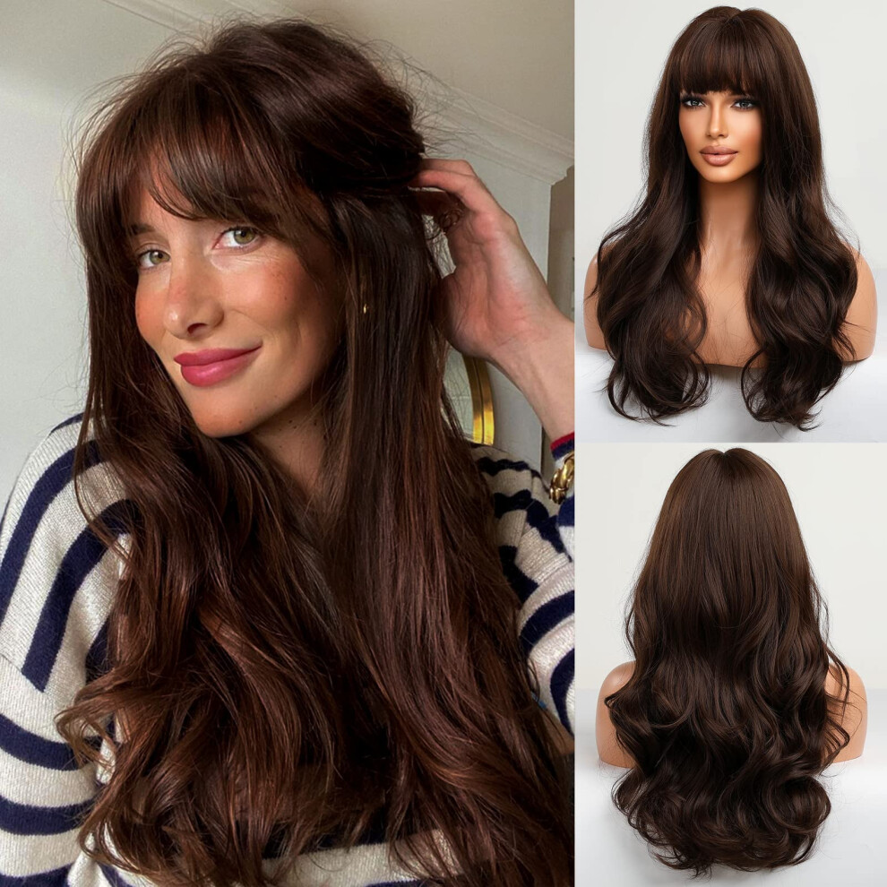 Frisyr Haircube Long Brown Wig With Bangs Wave Curly Wigs For Women 26 Inch Heat Resistant Natural Synthetic Wig For Daily Use