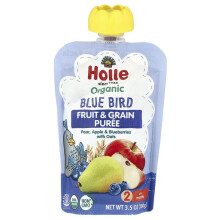 Holle, Biologische Fruit & Graan Puree, Blauwe Vogel, 6+ Maanden, Peren Appels & Blaaberries met Oatmeel, 3,5 oz (100 g)