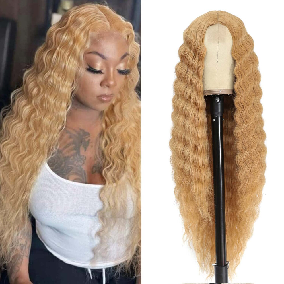 Instastyle Honey Blonde Wig 30 Inch Synthetic Wig Loose Deep Wave Lace Front Curly Wigs For Women Long Wigs For Women Natural Crimps Curls (Honey Blon