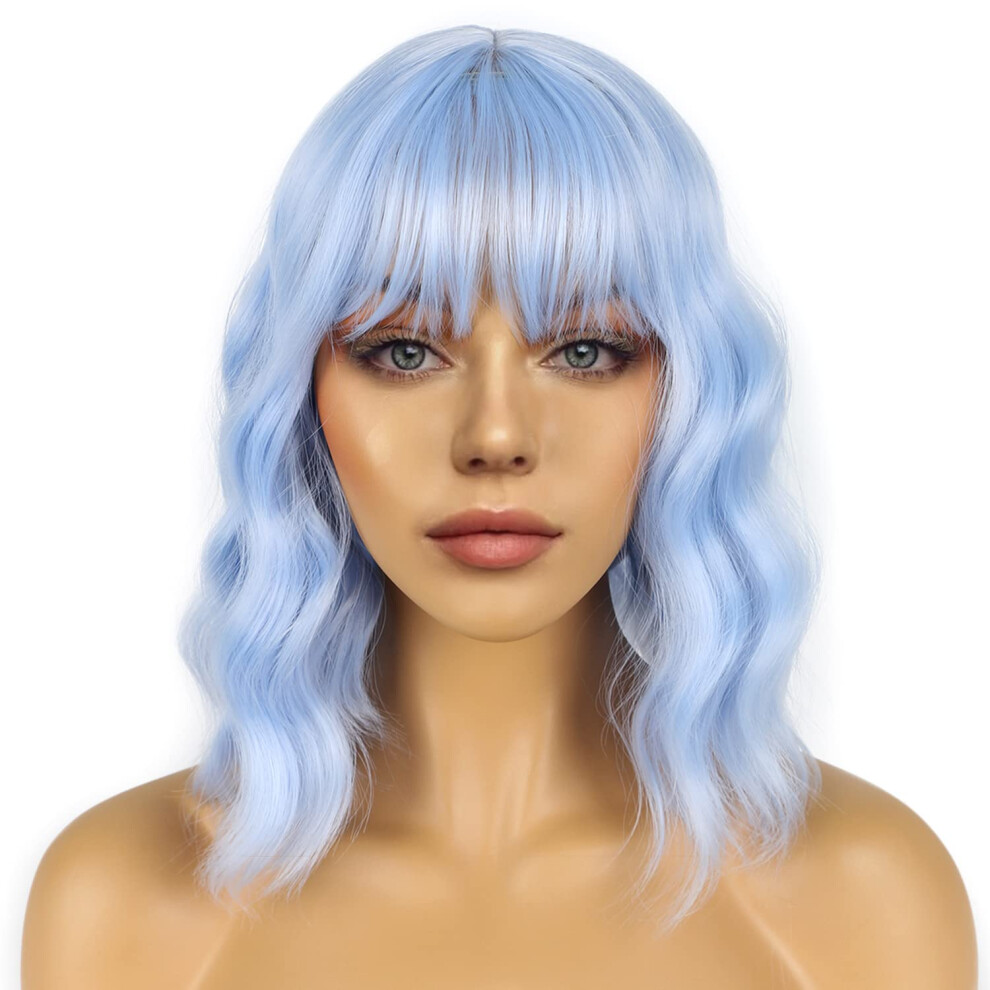 Lancaini Unisex Light Short Bob Wigs With Bangs For Women Loose Wavy Wig Curly Wavy Shoulder Length Bob Synthetic Cosplay Wig For Girl Colorful Costume Wigs (