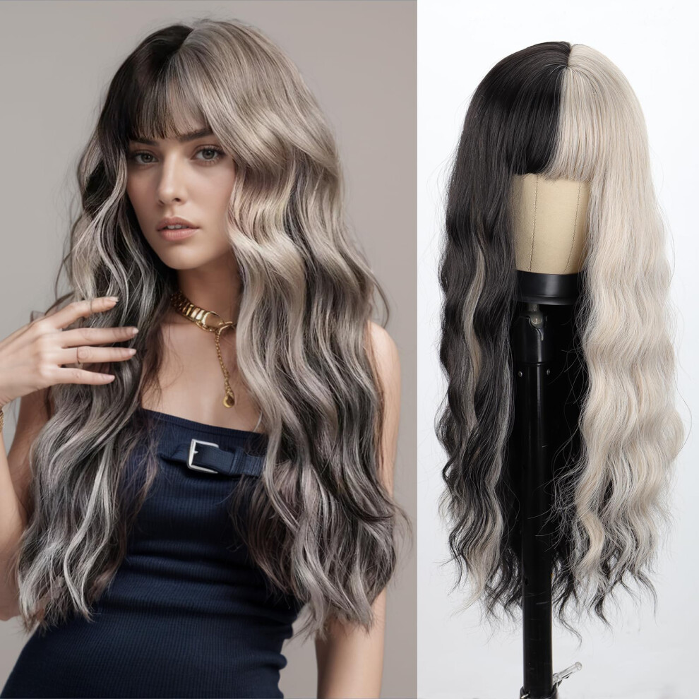 Merisihair Long Wavy Silver Grey Black Highlight Wig With Bangs Black White Wigs 26Inch Natural Looking Synthetic Heat Resistant Fiber Wig For Women D