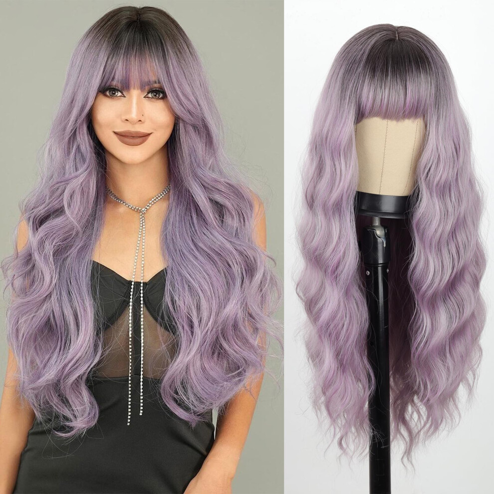Merisihair Unisex Purple Long Ombre Light Wavy Wig With Bangs Dark Root Ombre Gray Wigs Natural Looking Heat Resistant Synthetic Fiber Wig For Party C
