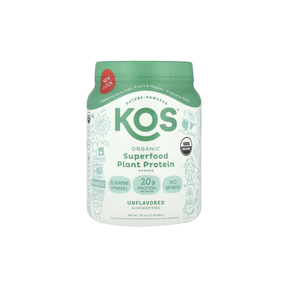 Kos Organic Superfood Plant Protein Powder, Unflavored & Unsweetened