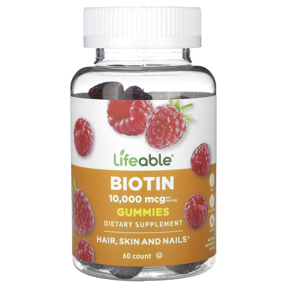 Lifeable , Biotin Gummies, Natural Raspberry, 10,000 Mcg, 60 Gummies (5,000 Mcg Per Gummy)