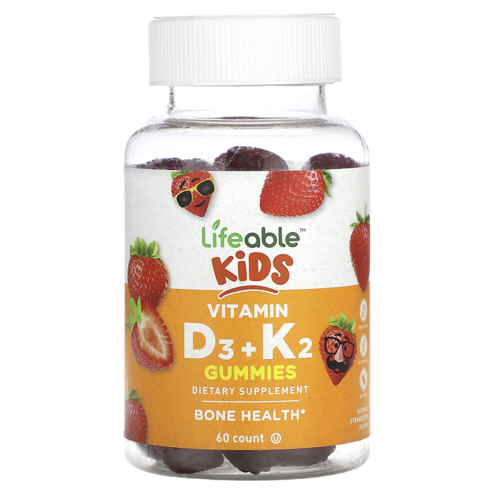 Lifeable , Kids Vitamin D3 + K2 Gummies, Natural Strawberry, 60 Gummies