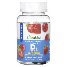Lifeable, Hochdosierte Vitamin D3 Gummis, Zuckerfrei, Natürliche Beere, 125 mcg (5.000 IE), 60 Gummis