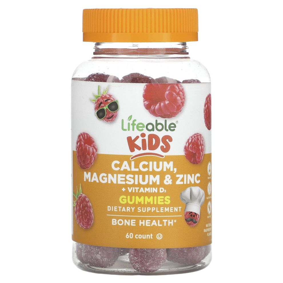 Lifeable , Kids Calcium, Magnesium & Zinc + Vitamin D3 Gummies, Natural Raspberry, 60 Gummies