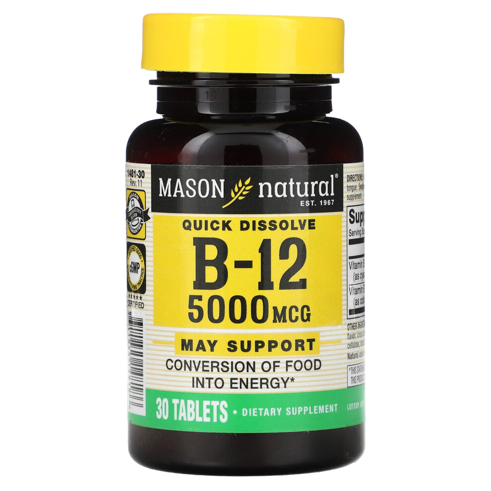 Mason Natural , Quick Dissolve, Vitamin B-12, 5,000 Mcg, 30 Tablets