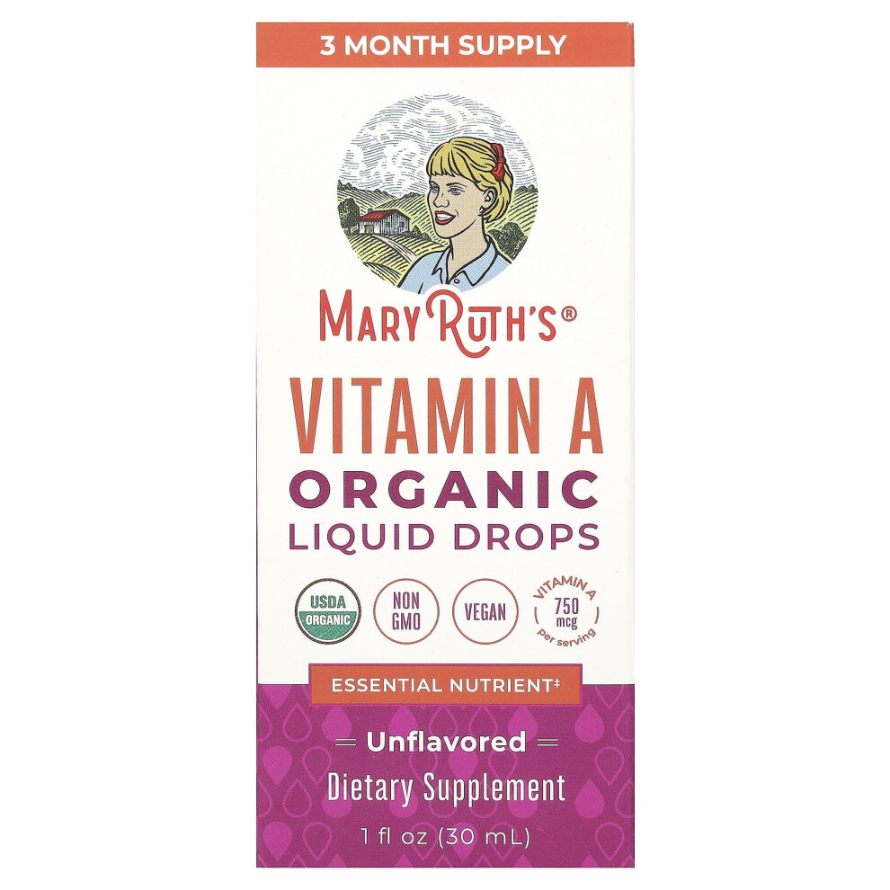 Maryruth's , Organic Vitamin A Liquid Drops, Unflavored, 750 Mcg, 1 Fl Oz (30 Ml)
