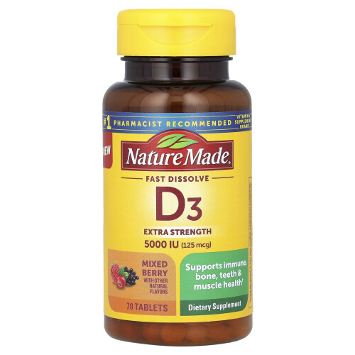 Nature Made Nature Made, D3 à Dissolution Rapide, Extra Puissance, Mûre Mixte, 5 000 UI (125 mcg), 70 Comprimés