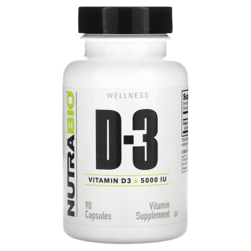 NutraBio, Vitamin D-3, 125 mcg (5.000 IE), 90 Kapseln
