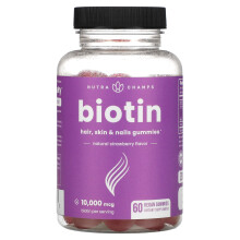NutraChamps, Biotin Gummis, Natürliche Erdbeere, 10.000 mcg, 60 Vegane Gummis (5.000 mcg pro Gummibärchen)