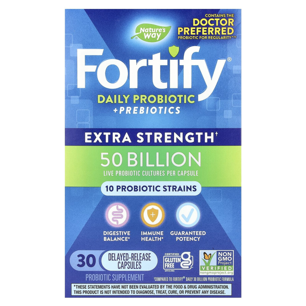 Nature's Way , Fortify, Daily Probiotic + Prebiotics, Extra Strength, 50 Billion 30 Delayed Release Capsules