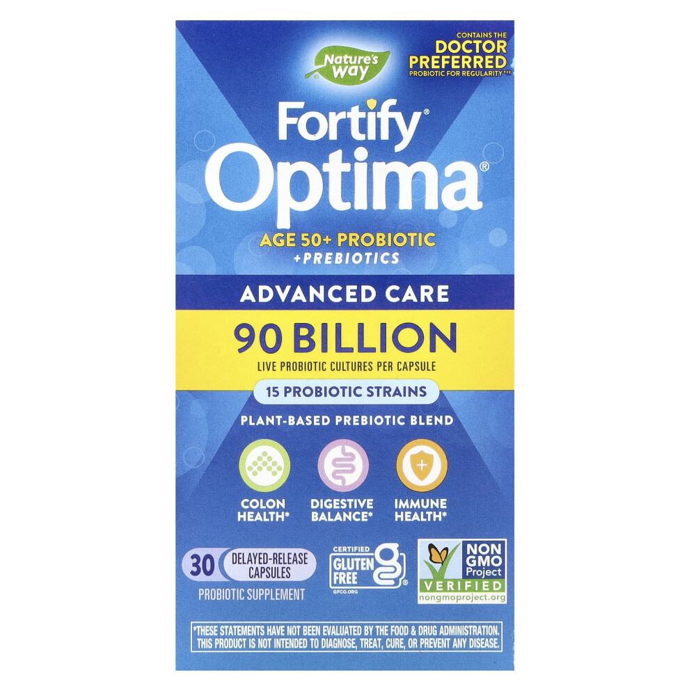 Nature's Way , Fortify Optima, Age 50+ Probiotic + Prebiotics, Advanced Care, 90 Billion Cfu, 30 Delayed-Release Capsules
