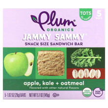 Plum Organics, Jammy Sammy, Snack-Größe Sandwich-Riegel, 15 Monate & älter, Apfel, Grünkohl + Haferflocken, 5 Riegel, je 1,02 oz (29 g)
