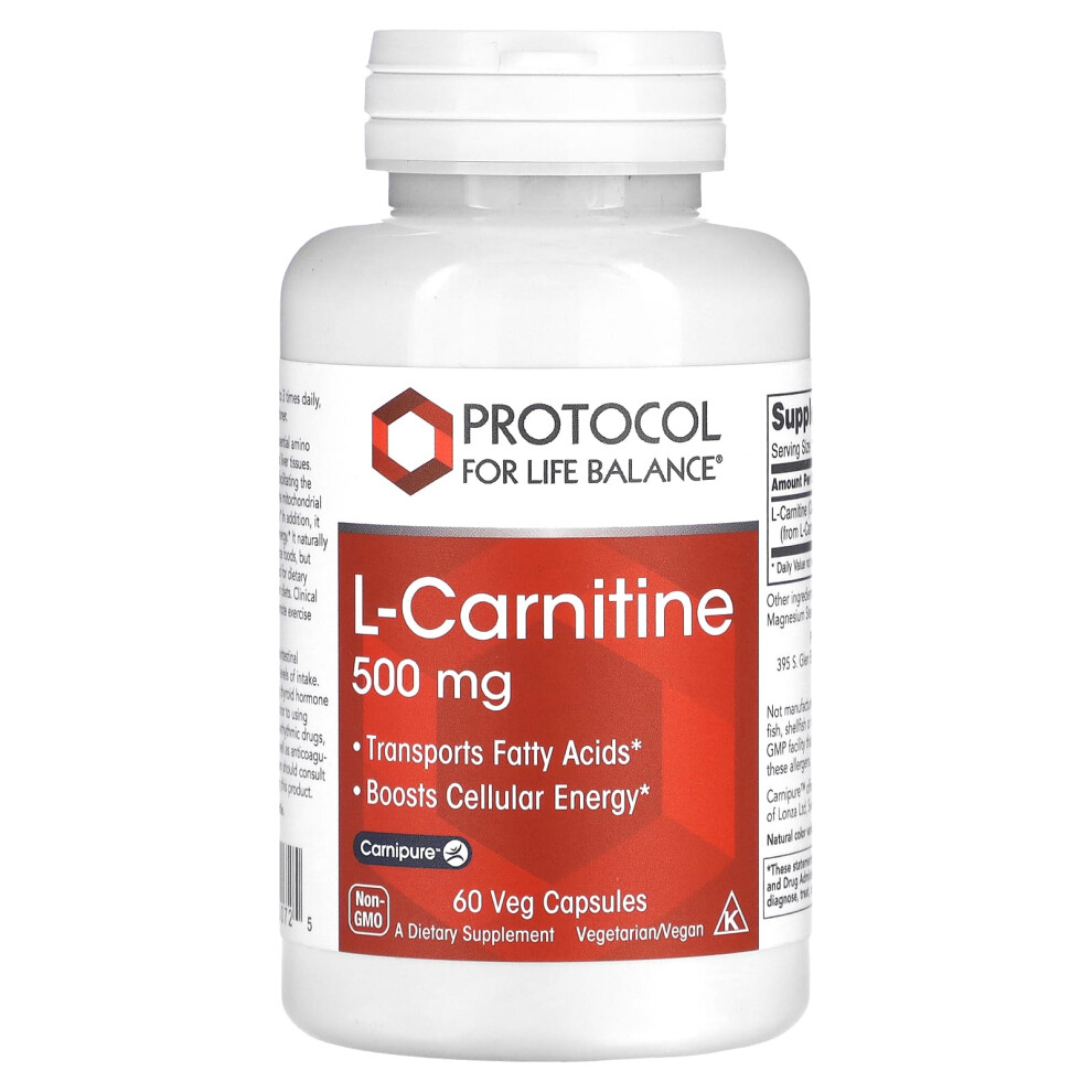 Protocol For Life Balance , L-Carnitine, 500 Mg, 60 Veg Capsules