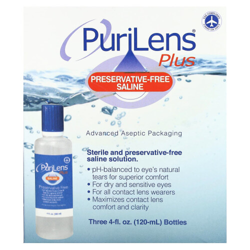 Purilens, Solution Saline Sans Conservateur Plus, 3 Bouteilles, 4 fl oz (120 ml) Chacune 1