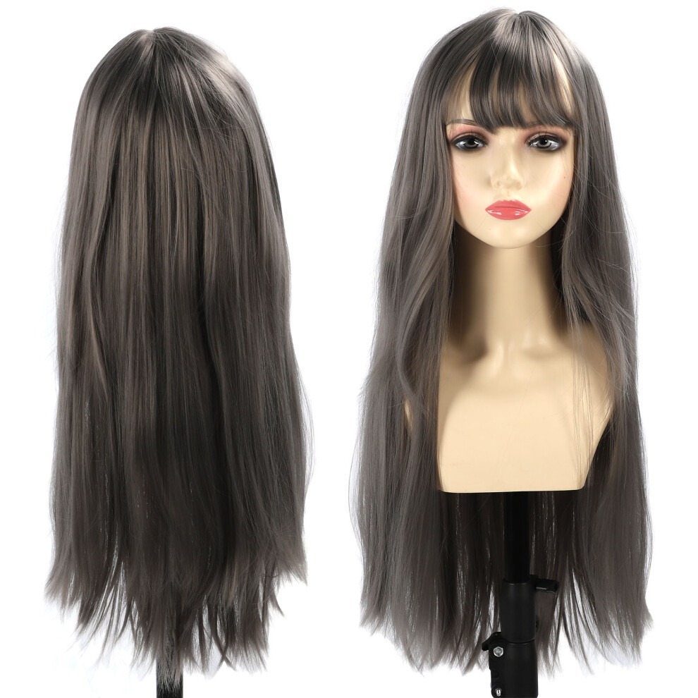 Grey Long Straight Layered Synthetic Wig for Party & Stage Show