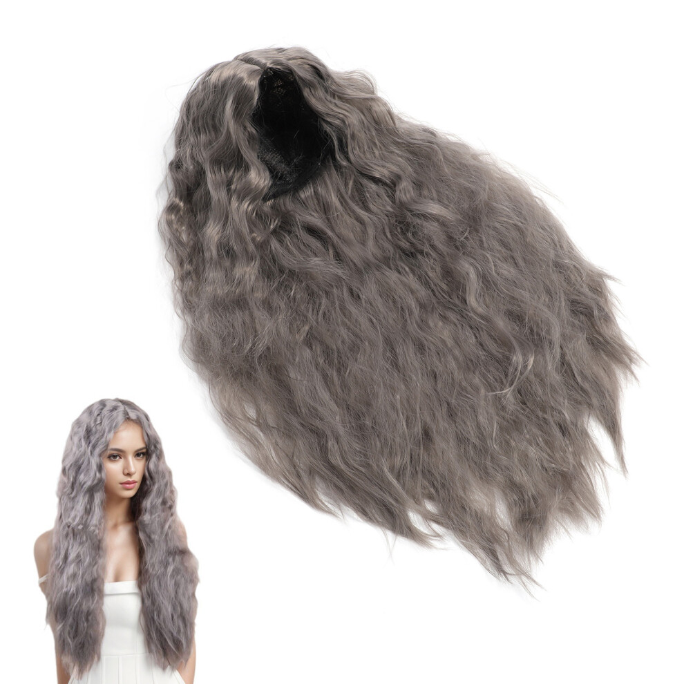 Unisex Silver,Grey Long Gray Curly Wavy Wig For Women Synthetic Silver Middle Part Heat Resistant