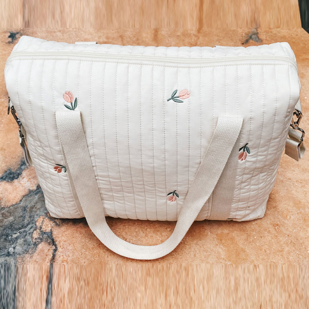 Large Capacity Cotton Baby Stroller Storage Bag, Flower, 30X12x36cm Beige