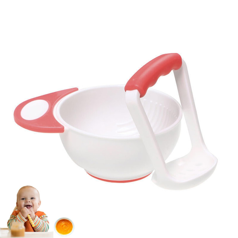 Baby Food Mash Bowl Set, Handmade Non-Slip Grinding Bowl With Long Handle, Baby Food Masher For Fruits And Vegetables Red