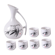 Ceramic Sake Cups 4-Piece Sake Serving Set For Home Use Bamboo Pattern Antique Look Traditional Japanese Style