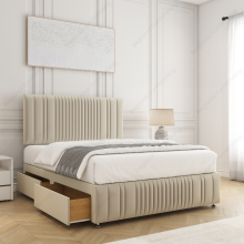 (Single-3ft (No Drawers), Cream Plush) DOUBLE DIVAN STORAGE BED 24"PLUSH VELVET HEADBOARD + ORTHOPAEDIC MATTRESS