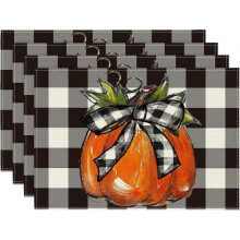 Buffalo Plaid Pumpkin Fall Placemats Set of 4, 12x18 Inch Seasonal Autumn Table