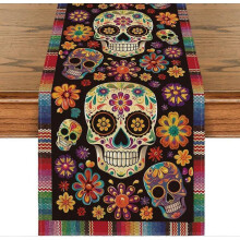 Flowers Sugar Skull Mexican Day of The Dead Table Runner, Dia De Los Muertos