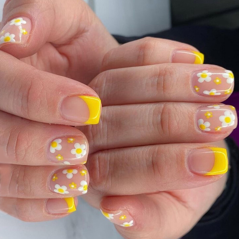 24x French Tip False Nail Short Square Press On Nail Flowers