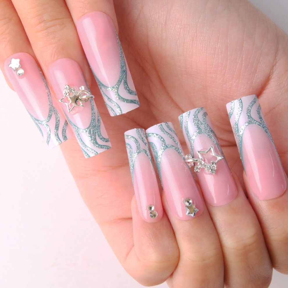 24 Pcs French Tip Stick On Nail False Nail with Rhinestones
